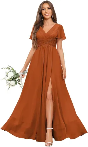 Women's V Neck Bridesmaid Dresses for Wedding Short Sleeve Pleated Long Slit Formal Dress Evening Gown