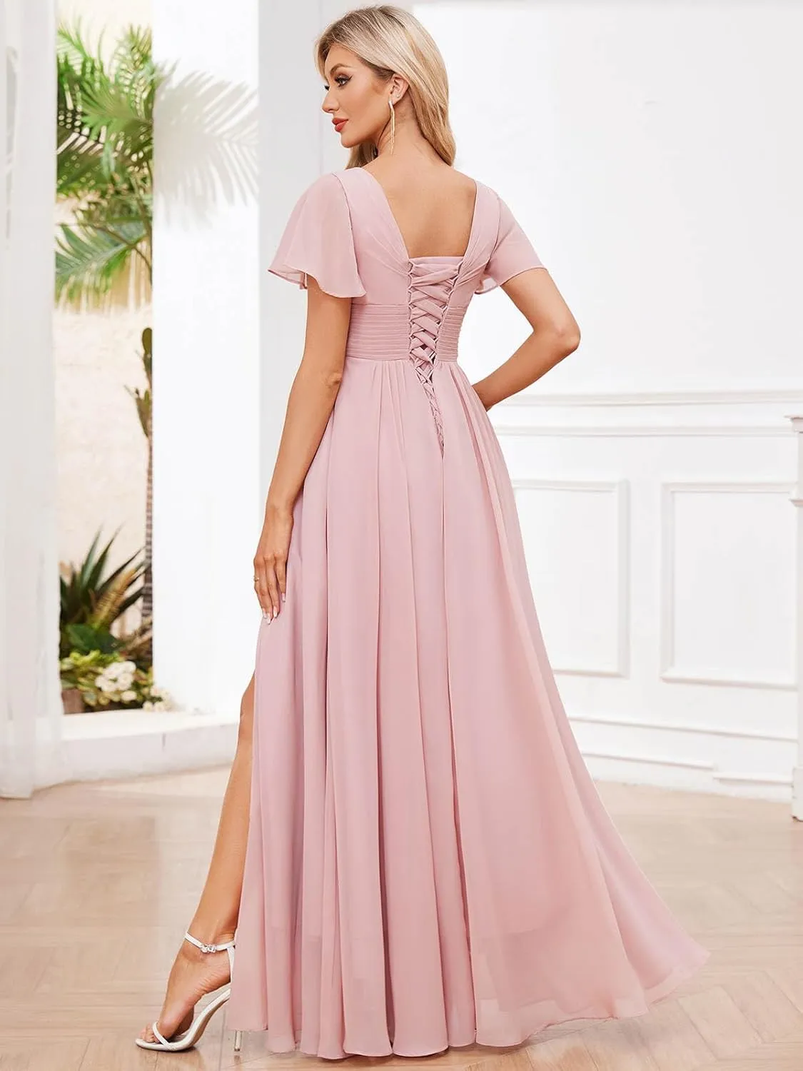 Women's V Neck Bridesmaid Dresses for Wedding Short Sleeve Pleated Long Slit Formal Dress Evening Gown