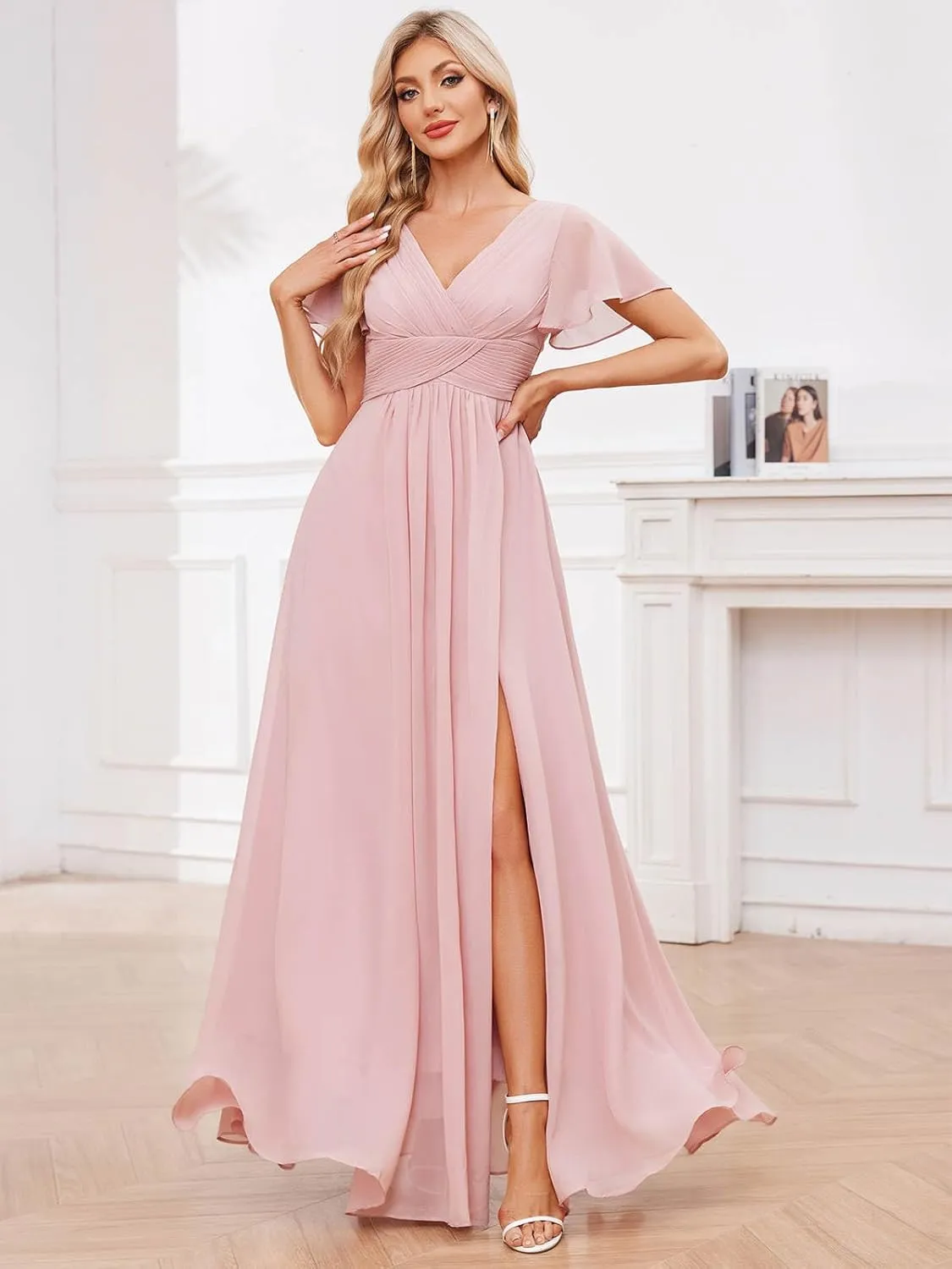 Women's V Neck Bridesmaid Dresses for Wedding Short Sleeve Pleated Long Slit Formal Dress Evening Gown