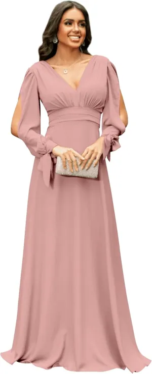 Women's V Neck Long Sleeve Bridesmaid Dresses A Line Floor Length Chiffon Ruched Formal Wedding Evening Dresses