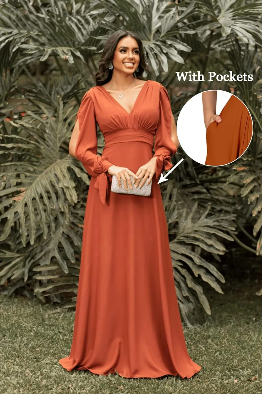 Women's V Neck Long Sleeve Bridesmaid Dresses A Line Floor Length Chiffon Ruched Formal Wedding Evening Dresses