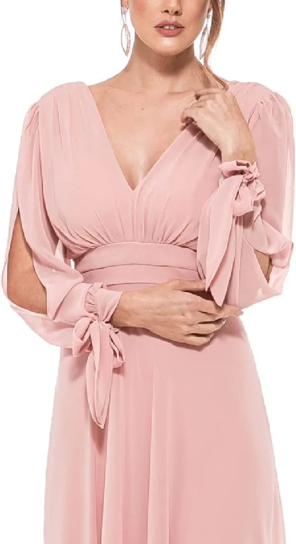 Women's V Neck Long Sleeve Bridesmaid Dresses A Line Floor Length Chiffon Ruched Formal Wedding Evening Dresses