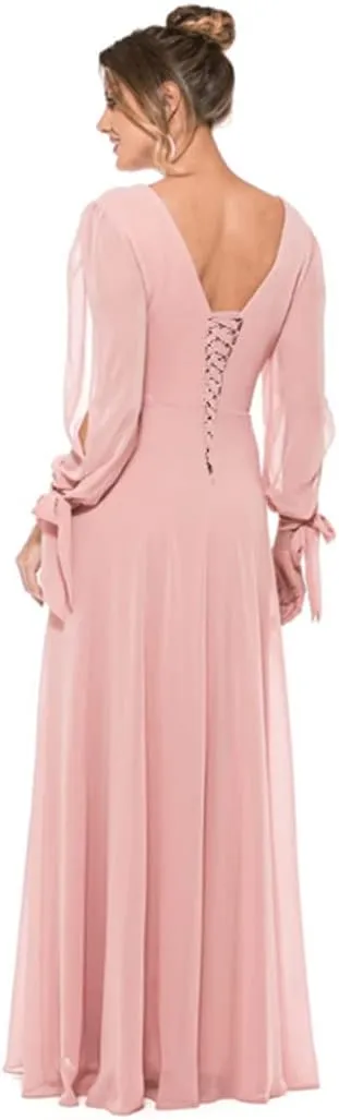 Women's V Neck Long Sleeve Bridesmaid Dresses A Line Floor Length Chiffon Ruched Formal Wedding Evening Dresses
