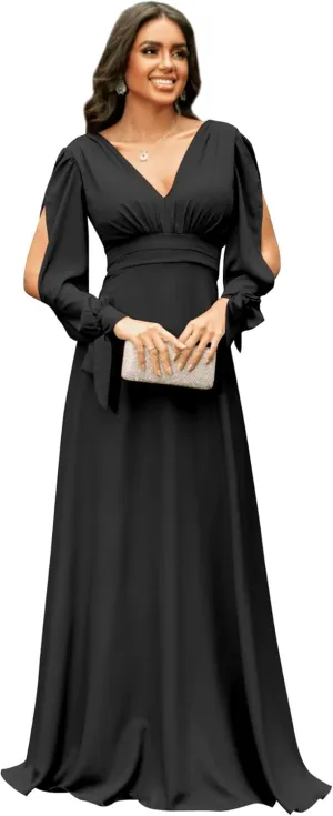 Women's V Neck Long Sleeve Bridesmaid Dresses A Line Floor Length Chiffon Ruched Formal Wedding Evening Dresses