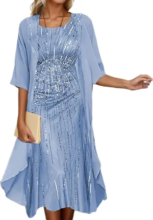 Women's Wedding Guest Two Piece Set Flowy 3/4 Sleeve Chiffon Cardigan Floral Print Midi Dress Sets 2 Piece