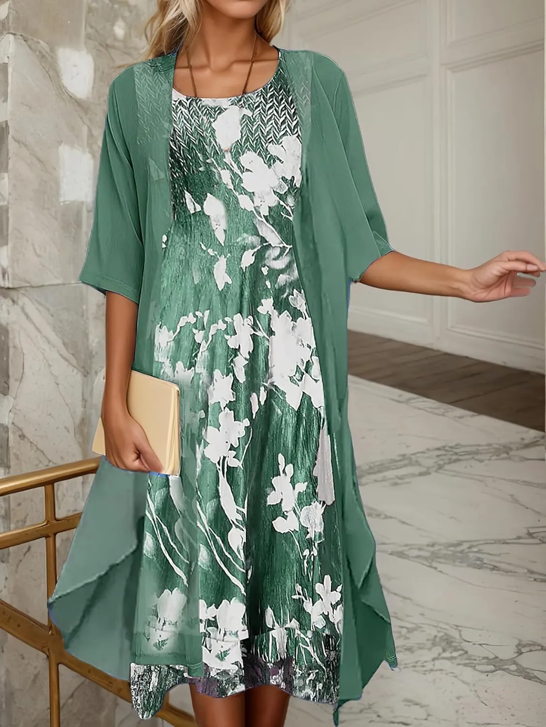 Women's Wedding Guest Two Piece Set Flowy 3/4 Sleeve Chiffon Cardigan Floral Print Midi Dress Sets 2 Piece