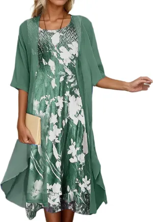 Women's Wedding Guest Two Piece Set Flowy 3/4 Sleeve Chiffon Cardigan Floral Print Midi Dress Sets 2 Piece
