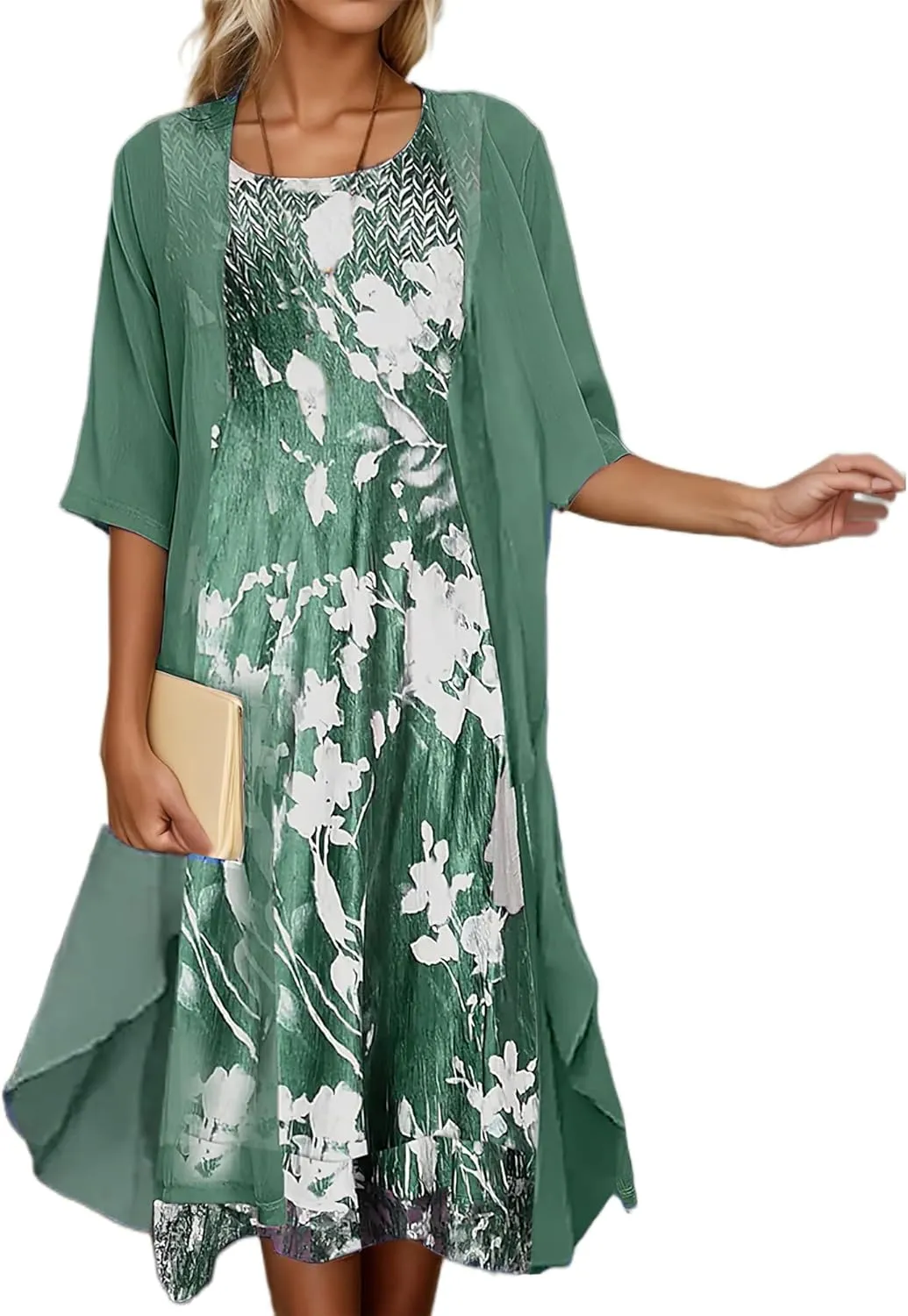 Women's Wedding Guest Two Piece Set Flowy 3/4 Sleeve Chiffon Cardigan Floral Print Midi Dress Sets 2 Piece