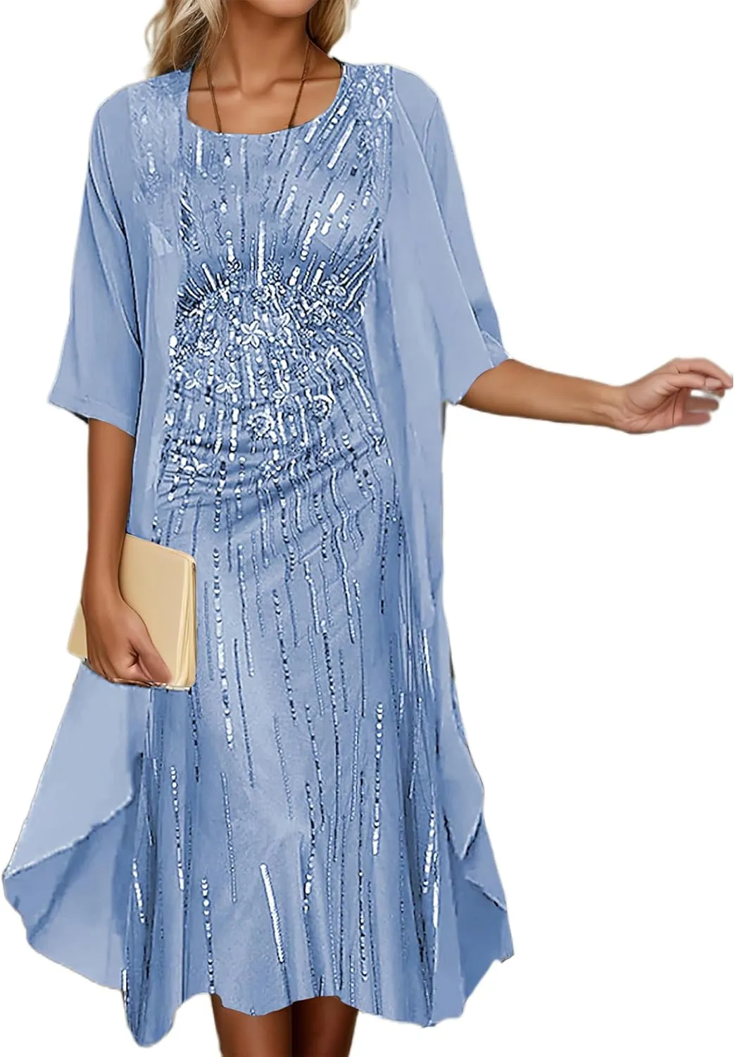 Women's Wedding Guest Two Piece Set Flowy 3/4 Sleeve Chiffon Cardigan Floral Print Midi Dress Sets 2 Piece