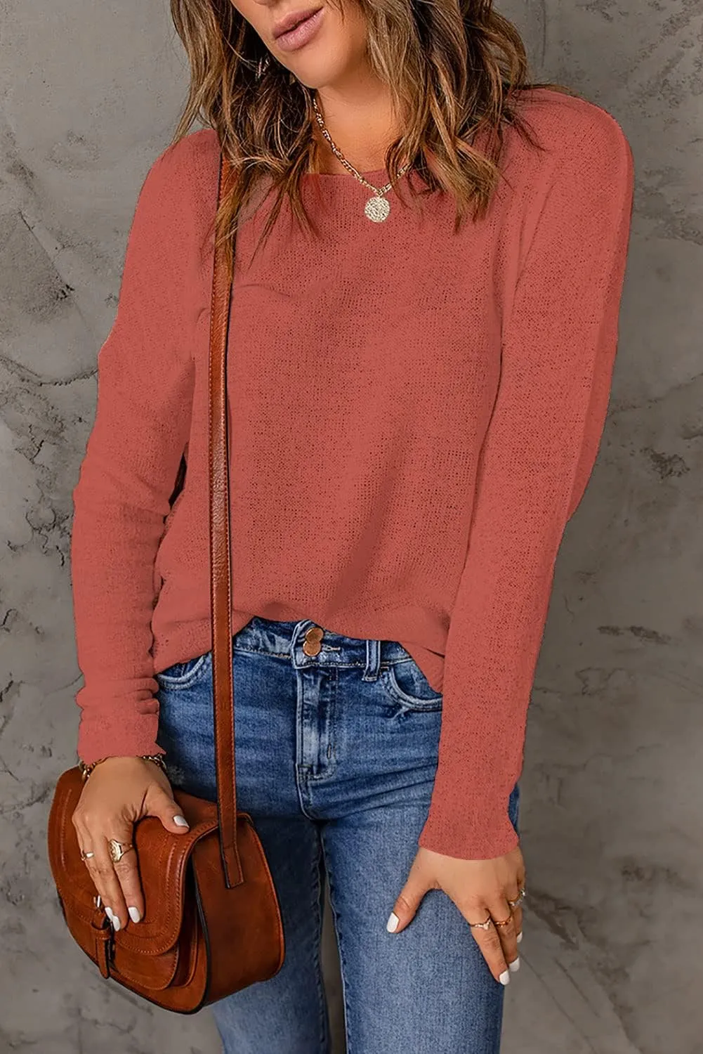 Womens's Drop Shoulder Casual Loose Crewneck Lightweight Long Sleeve Pullover Sweaters