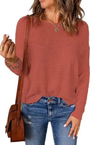 Womens's Drop Shoulder Casual Loose Crewneck Lightweight Long Sleeve Pullover Sweaters