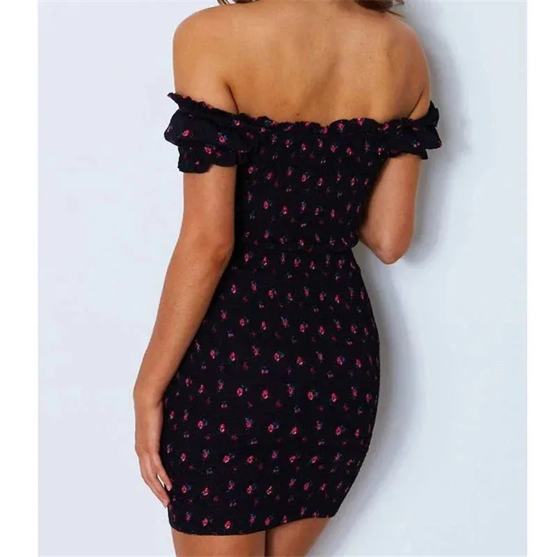 Wrap Off Shoulder Tie Up Front Ruffle Mini Office Lady Slash Neck Printed Pencil Summer Floral Dress
