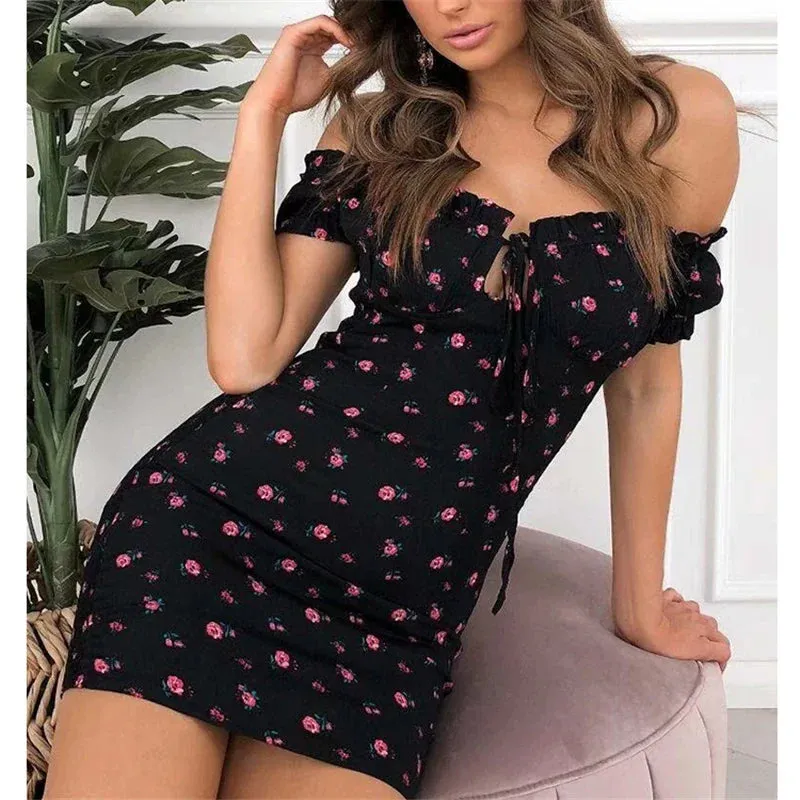 Wrap Off Shoulder Tie Up Front Ruffle Mini Office Lady Slash Neck Printed Pencil Summer Floral Dress