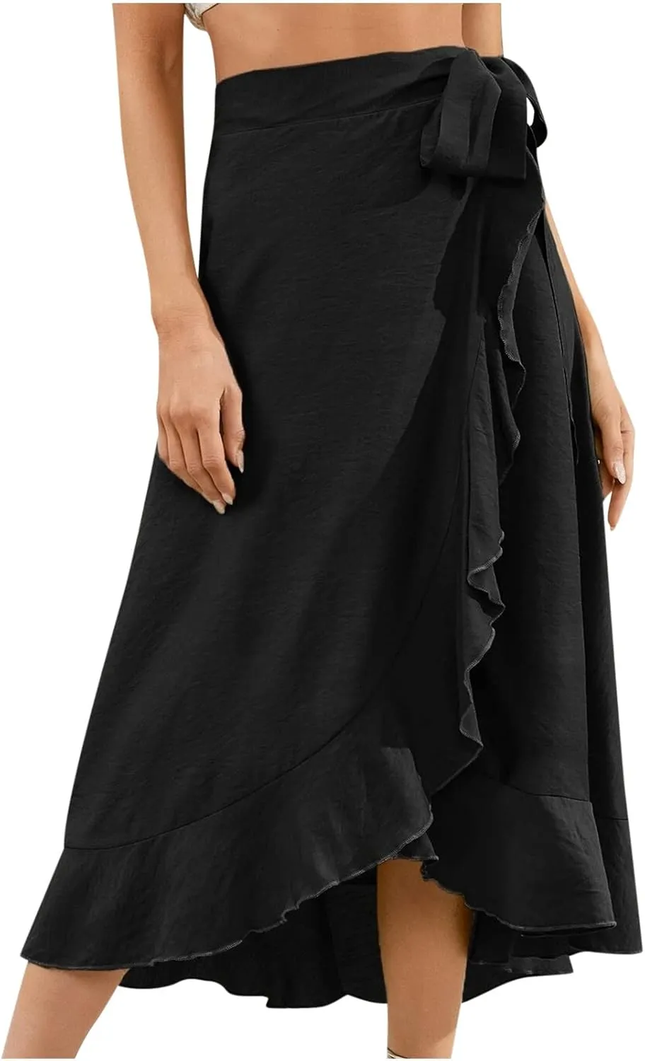 Wrap Skirts for Women Midi Length Skirts Waist Tie Maxi Skirt A-line Ruffle Skirt Flowy Midi Skirt Asymmetrical Skirt