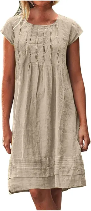 XOWRTE Women's Cotton Linen Midi Dress Plus Size Cap Sleeve Pleated Summer Dresses Vacation 2025 Crew Neck Wear