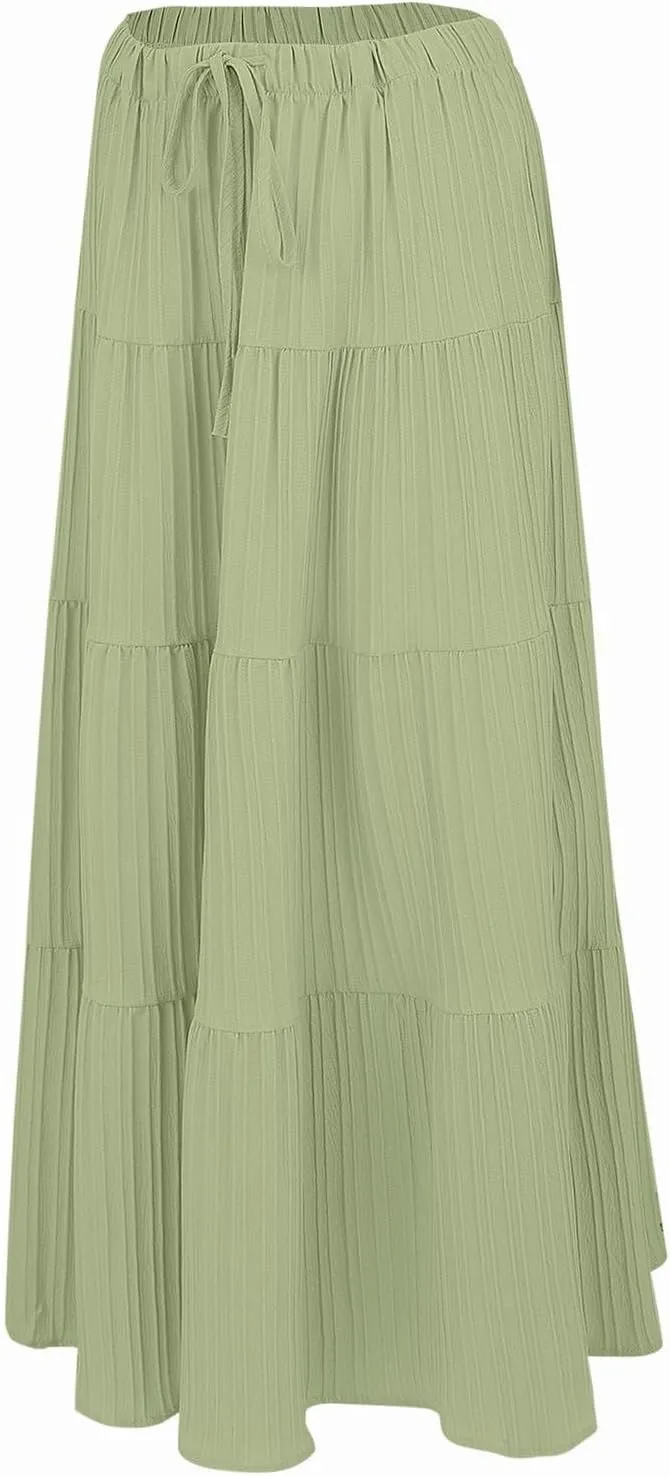 XOWRTE Women's Flowy Flared Ruffle Boho Long Skirt Summer Maxi Skirt A-Line Fashion Trendy Elastic Waist Pleated Beach Dress