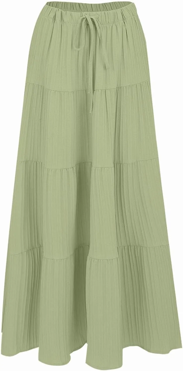 XOWRTE Women's Flowy Flared Ruffle Boho Long Skirt Summer Maxi Skirt A-Line Fashion Trendy Elastic Waist Pleated Beach Dress