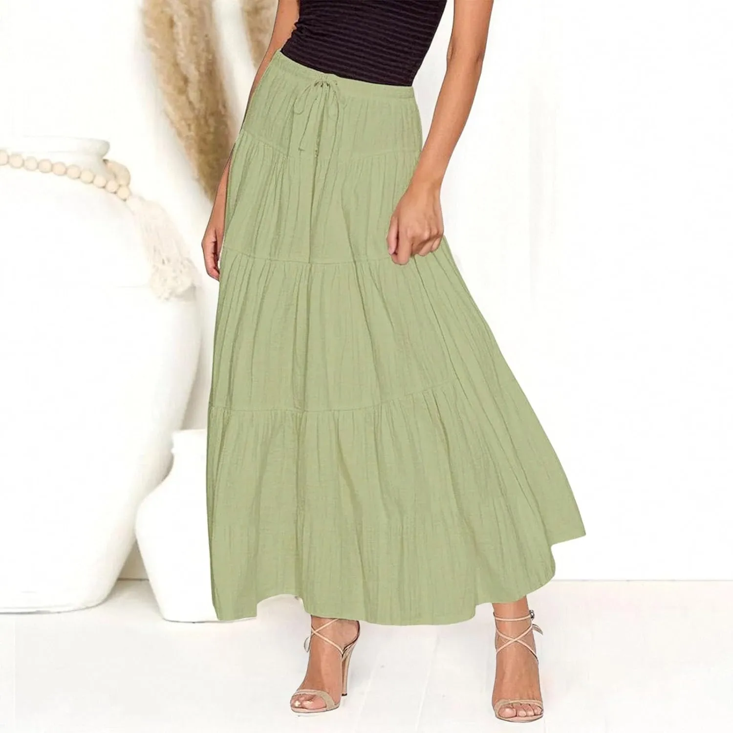 XOWRTE Women's Flowy Flared Ruffle Boho Long Skirt Summer Maxi Skirt A-Line Fashion Trendy Elastic Waist Pleated Beach Dress