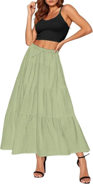 XOWRTE Women's Flowy Flared Ruffle Boho Long Skirt Summer Maxi Skirt A-Line Fashion Trendy Elastic Waist Pleated Beach Dress