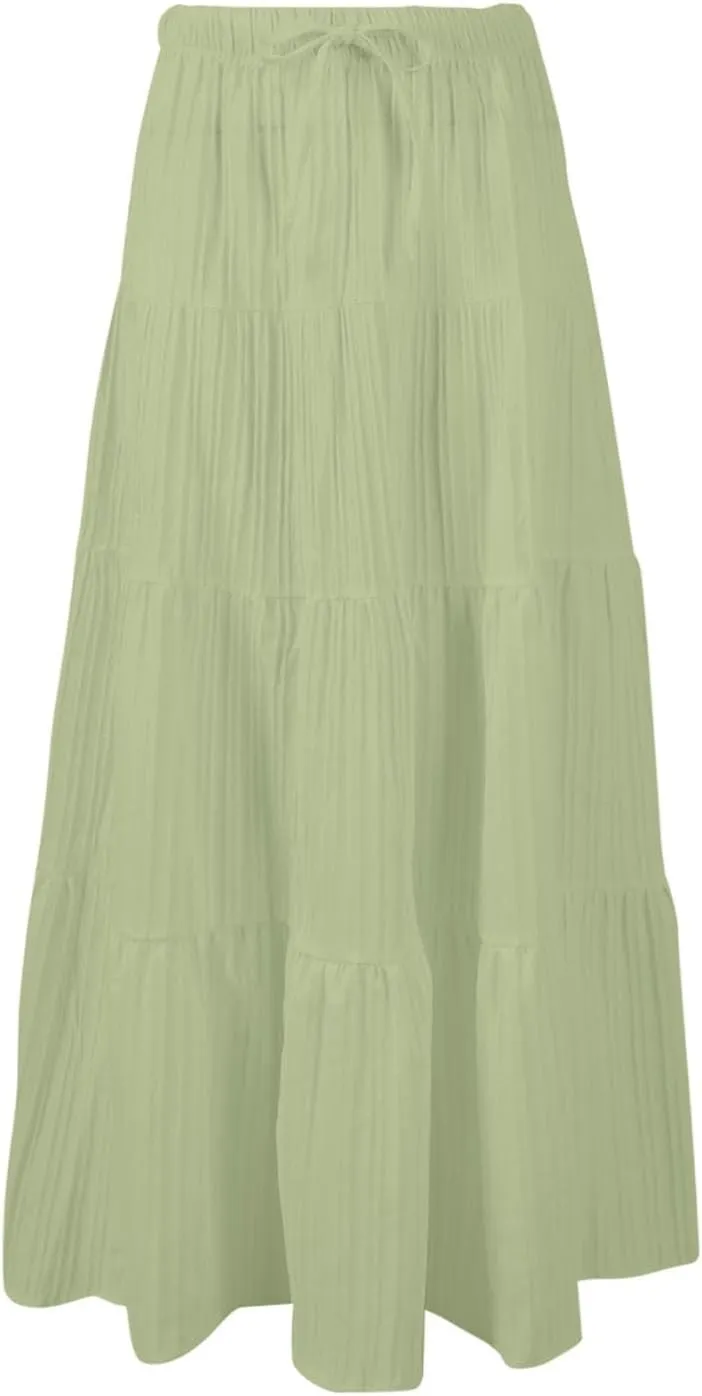 XOWRTE Women's Flowy Flared Ruffle Boho Long Skirt Summer Maxi Skirt A-Line Fashion Trendy Elastic Waist Pleated Beach Dress