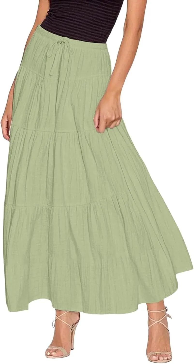 XOWRTE Women's Flowy Flared Ruffle Boho Long Skirt Summer Maxi Skirt A-Line Fashion Trendy Elastic Waist Pleated Beach Dress