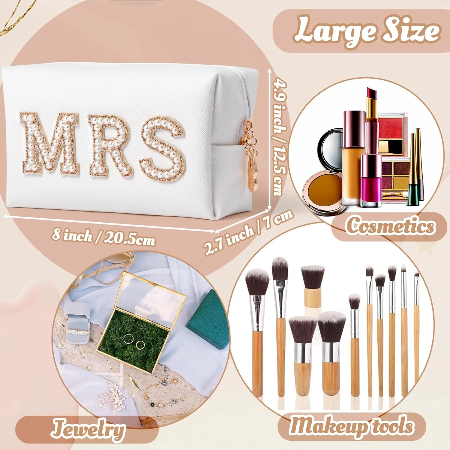 Y1tvei Large Bride Gold MRS Patch Varsity Letter Cosmetic Toiletry Pearl Rhinestone Letter Patches Makeup Bag PU Leather Waterproof Portable Zipper Big Travel Organizer for Wedding Bride Bridesmaid