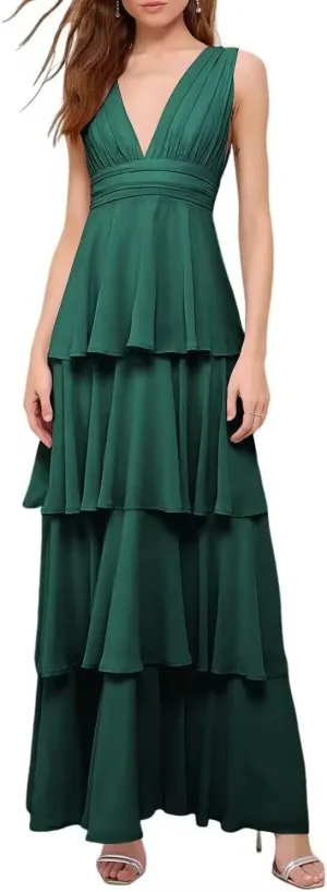 YAUTKA Tiered Bridesmaids Dresses for Women 2025 V Neck Long Chiffon Ruffle A Line Formal Prom Gowns Sleeveless