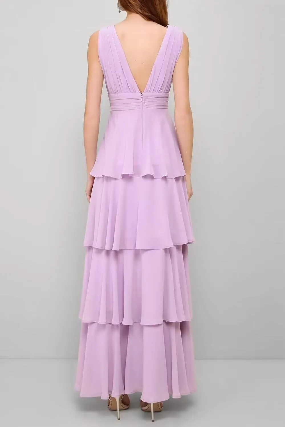 YAUTKA Tiered Bridesmaids Dresses for Women 2025 V Neck Long Chiffon Ruffle A Line Formal Prom Gowns Sleeveless