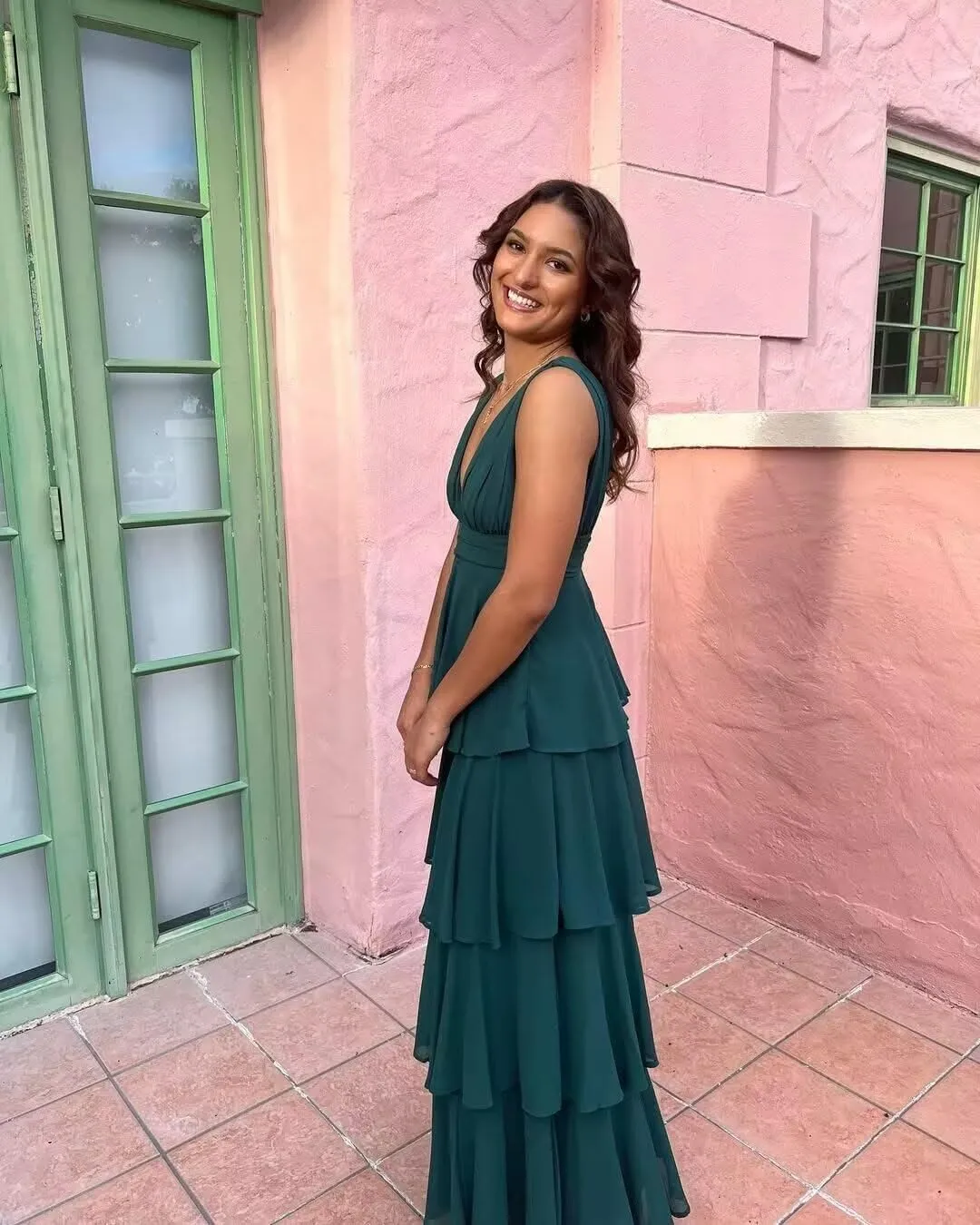 YAUTKA Tiered Bridesmaids Dresses for Women 2025 V Neck Long Chiffon Ruffle A Line Formal Prom Gowns Sleeveless