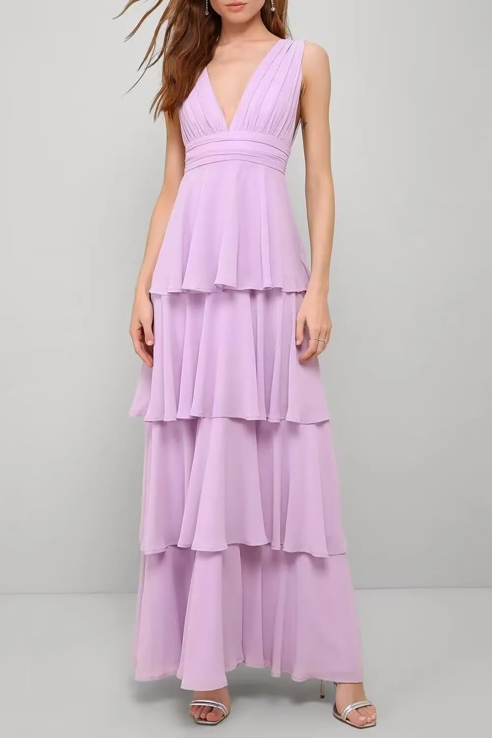 YAUTKA Tiered Bridesmaids Dresses for Women 2025 V Neck Long Chiffon Ruffle A Line Formal Prom Gowns Sleeveless