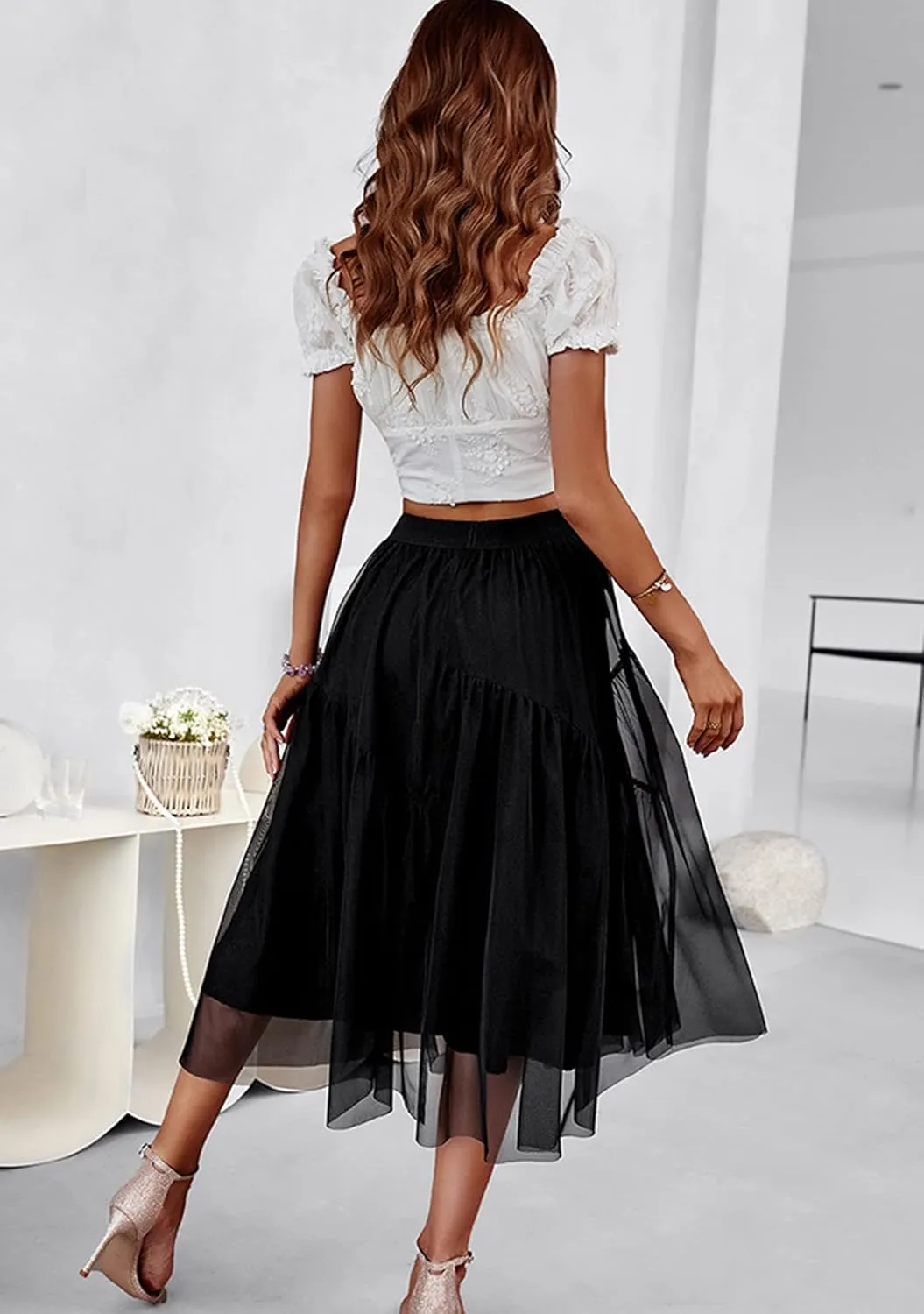 YMING Womens A Line Knee Length Tutu Skirts Swiss Dot Tulle Skirt Solid Color High Waist Prom Skirt