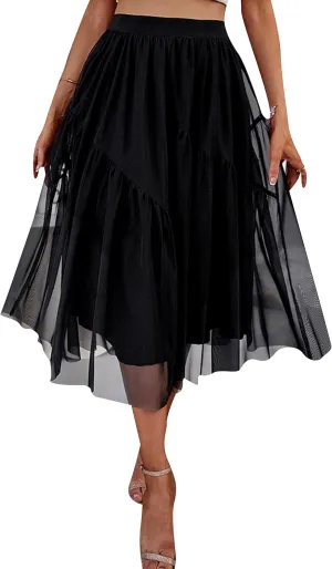 YMING Womens A Line Knee Length Tutu Skirts Swiss Dot Tulle Skirt Solid Color High Waist Prom Skirt