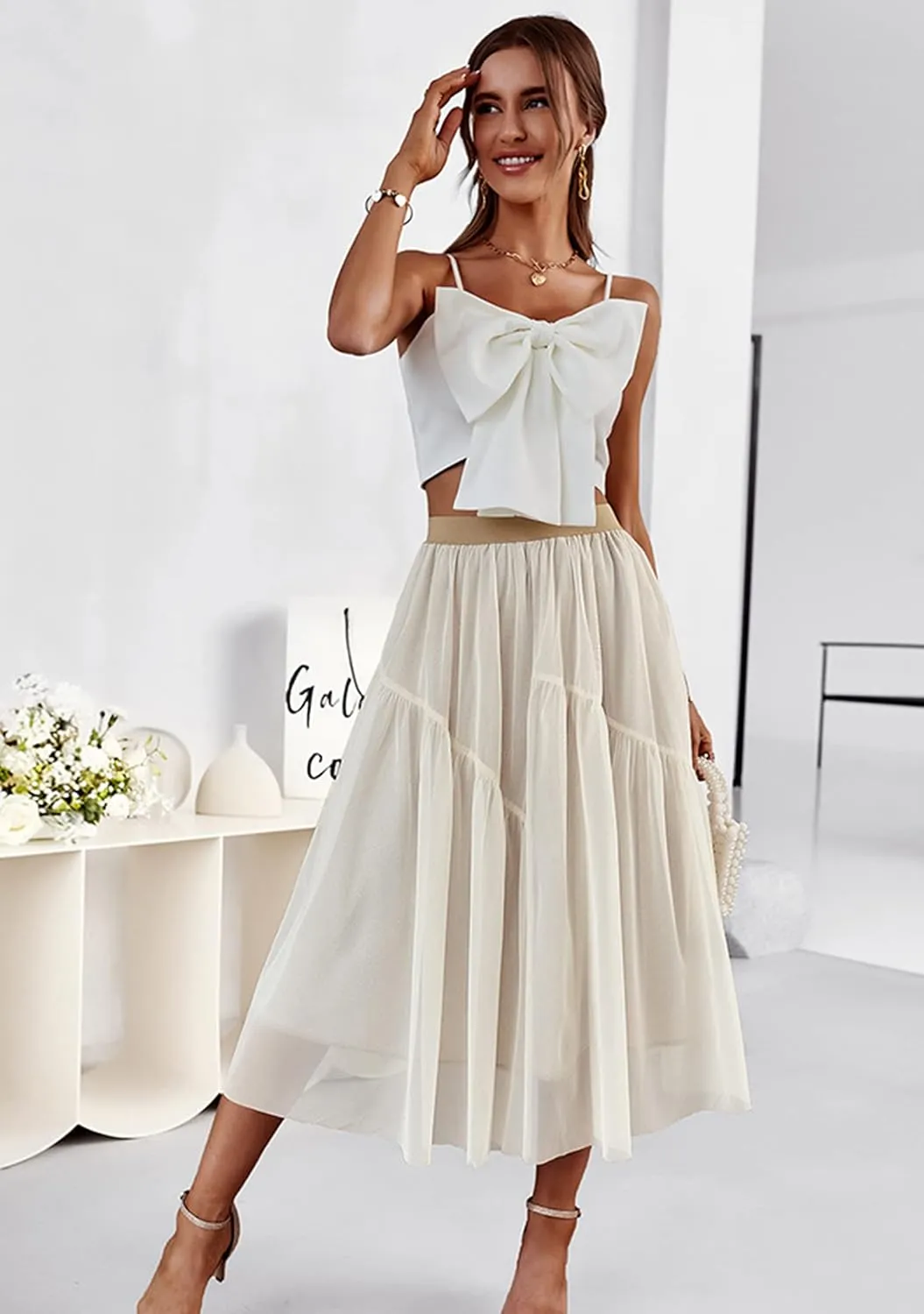 YMING Womens A Line Knee Length Tutu Skirts Swiss Dot Tulle Skirt Solid Color High Waist Prom Skirt