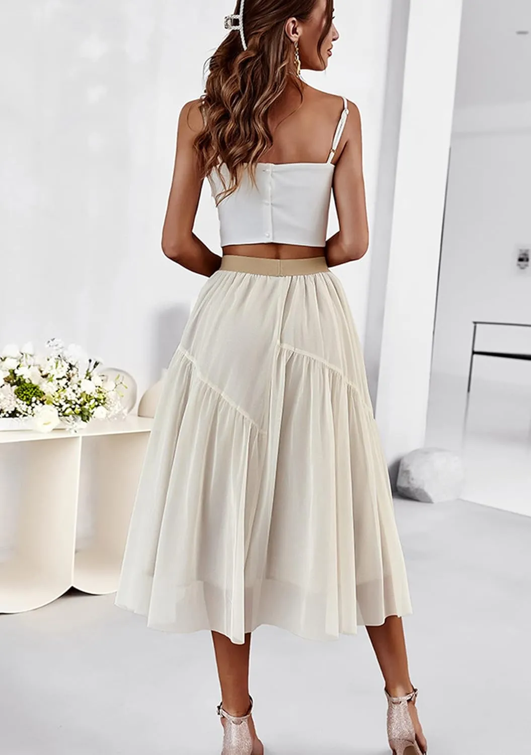 YMING Womens A Line Knee Length Tutu Skirts Swiss Dot Tulle Skirt Solid Color High Waist Prom Skirt