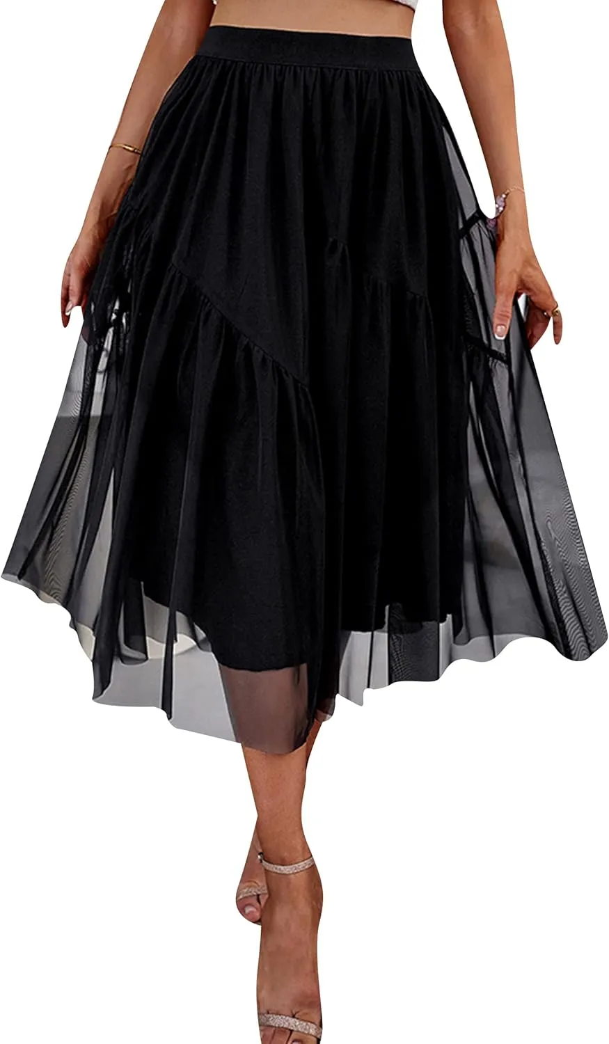 YMING Womens A Line Knee Length Tutu Skirts Swiss Dot Tulle Skirt Solid Color High Waist Prom Skirt