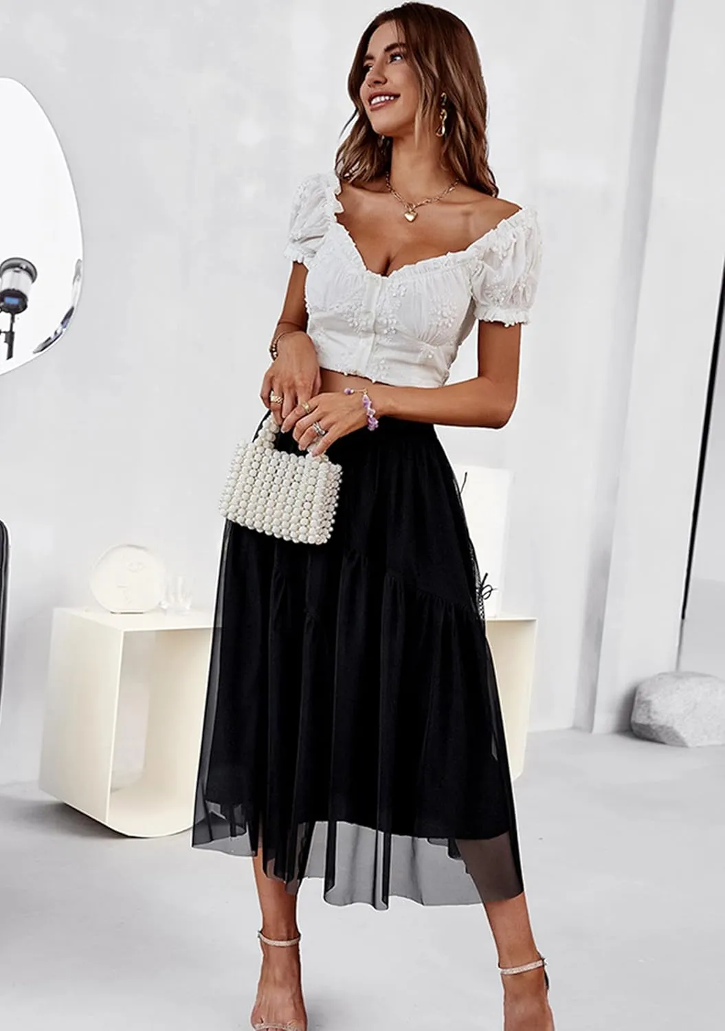 YMING Womens A Line Knee Length Tutu Skirts Swiss Dot Tulle Skirt Solid Color High Waist Prom Skirt