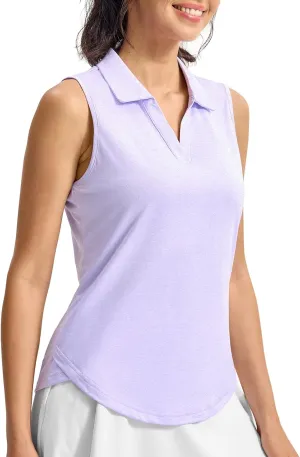 YSENTO Women's V-Neck Collared Golf Tennis Shirts Sleeveless UPF 50  Quick Dry Polo Shirts Tops Split Hem