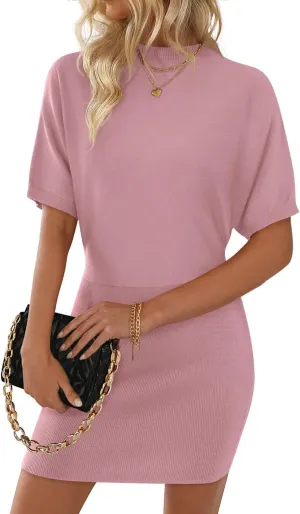 ZESICA Women's 2025 Summer Casual Mock Neck Bodycon Mini Dress Cap Sleeve Slim Fit Ribbed Knit Short Sweater Dresses