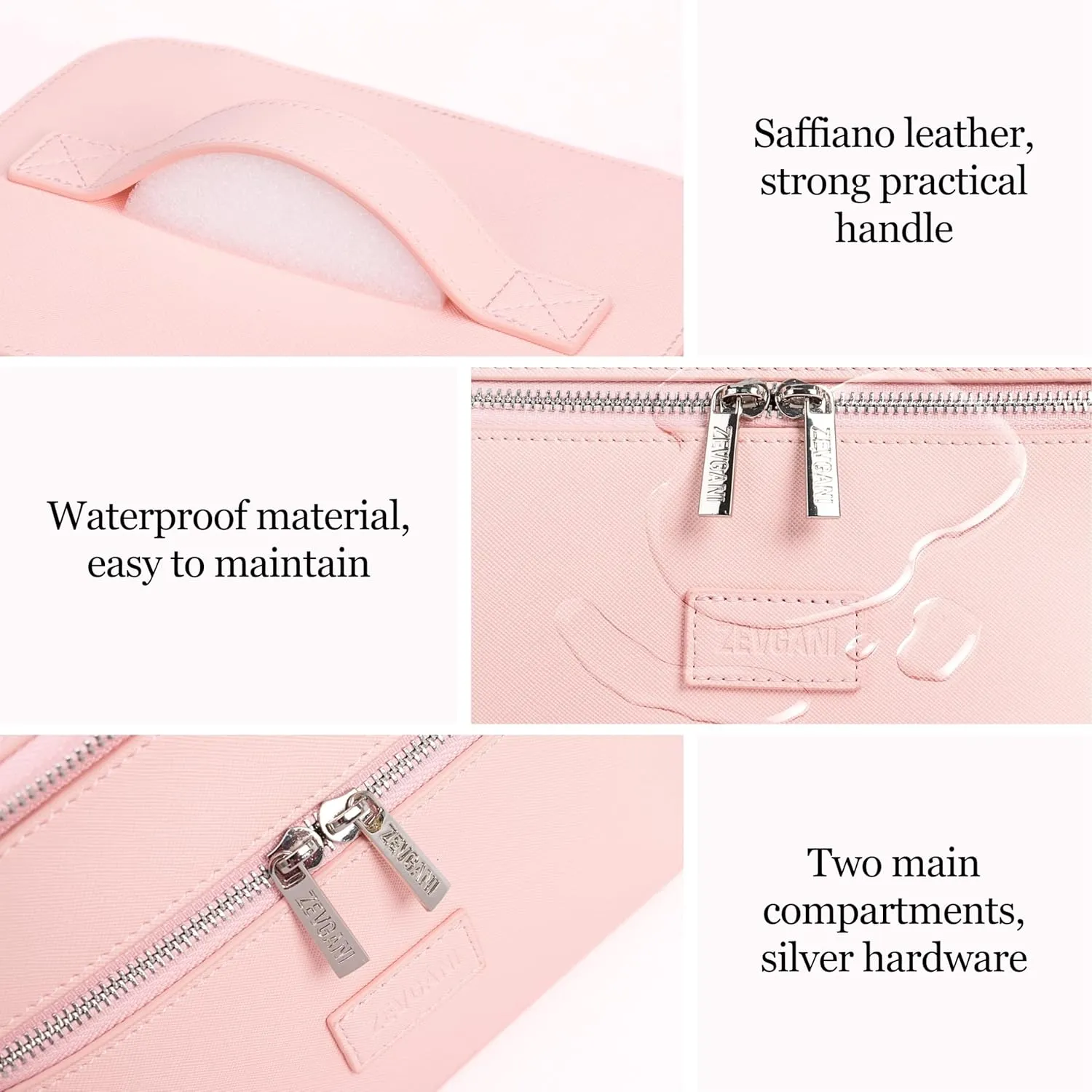 ZEVGANI Vanity Case Leather Makeup Bag with Mirror, Large Travel Toiletry Bag Make up Cosmetic Organizer Dual Compartments Brush Storage & Removable Divider for Full-Size Toiletries Skincare, Pink