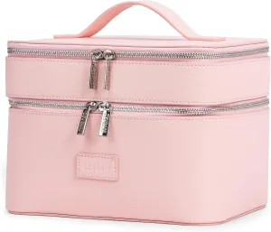 ZEVGANI Vanity Case Leather Makeup Bag with Mirror, Large Travel Toiletry Bag Make up Cosmetic Organizer Dual Compartments Brush Storage & Removable Divider for Full-Size Toiletries Skincare, Pink