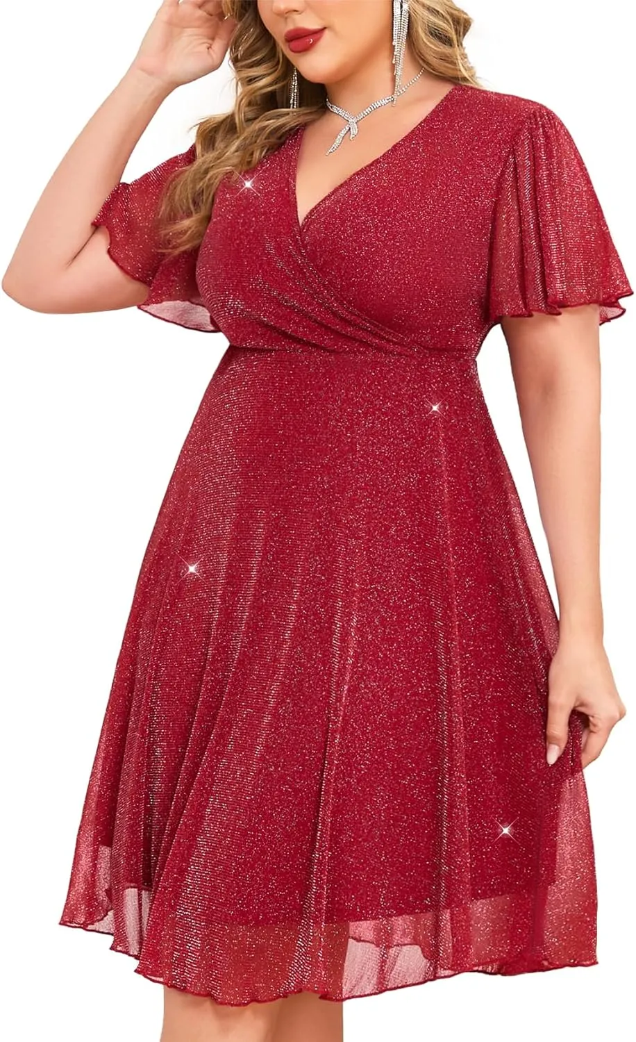 ZOMVA Plus Size Sparkly Mesh Dress A Line Ruffle Sleeve V Neck Wrap Short Glitter Dresses Wedding Guest Cocktail Party