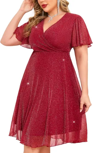 ZOMVA Plus Size Sparkly Mesh Dress A Line Ruffle Sleeve V Neck Wrap Short Glitter Dresses Wedding Guest Cocktail Party