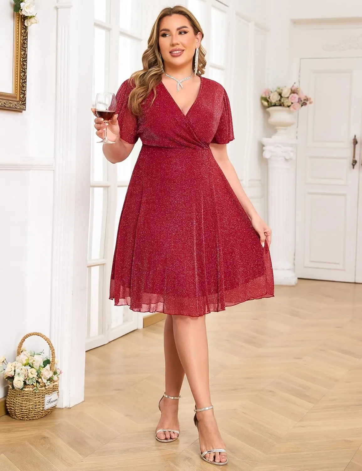 ZOMVA Plus Size Sparkly Mesh Dress A Line Ruffle Sleeve V Neck Wrap Short Glitter Dresses Wedding Guest Cocktail Party