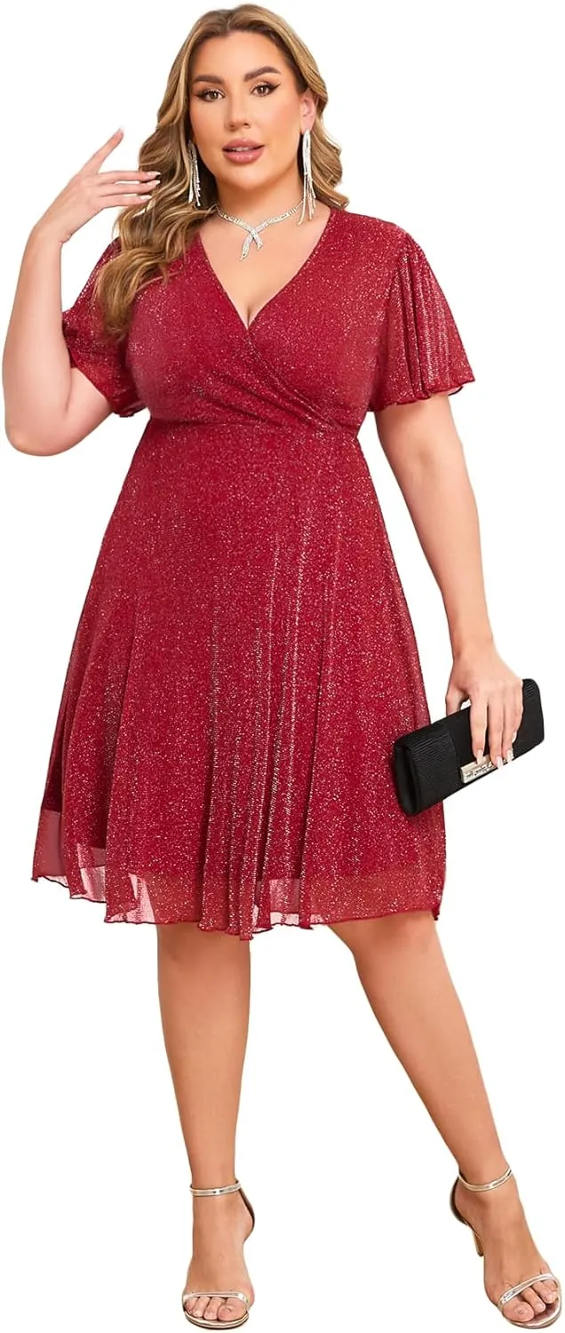 ZOMVA Plus Size Sparkly Mesh Dress A Line Ruffle Sleeve V Neck Wrap Short Glitter Dresses Wedding Guest Cocktail Party